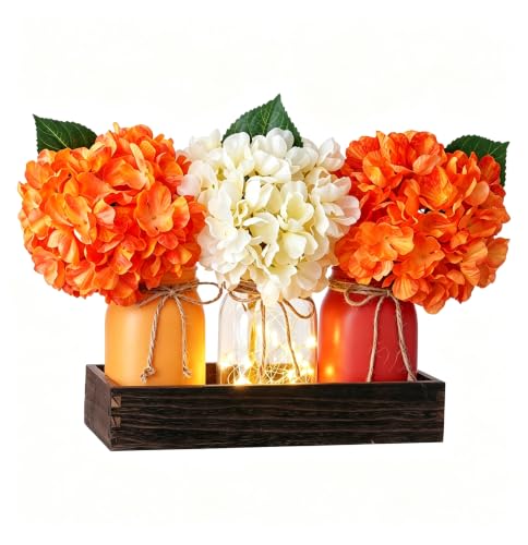 Image of Mason Jar Lights Centerpiece Table Decor – Wood Tray with Orange Hydrangea