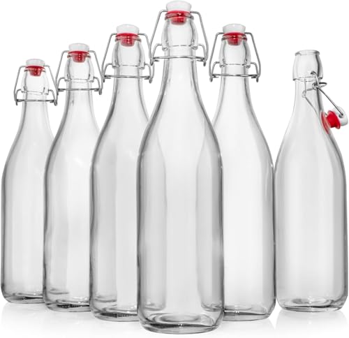 HOME ZONE Pack of 6 - Round Flip Top Glass Bottle with Stopper Caps [1 Liter / 33 fl. oz.] Carafe Swing Top Glass Bottles for Beverages Oils Kombucha Vinegar Leak Proof Caps & Airtight Lids