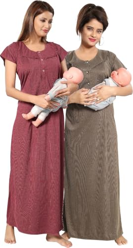 Image of Fabme Women's Polycotton Nursing Nightgown - Concealed Zip, Long, Textured Nighty for Maternity, Feeding