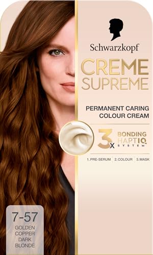 Schwarzkopf Creme Supreme 7-57 Golden Copper Dark Blonde Permanent Hair Dye Caring Hair Dye Colouration with 3-Step Bonding System Against Damage 100% Grey Coverage