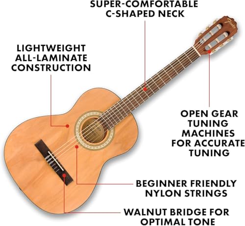 image for Fender CN-25 3/4 Size Nylon String Acoustic Guitar, Beginner Guitar, w