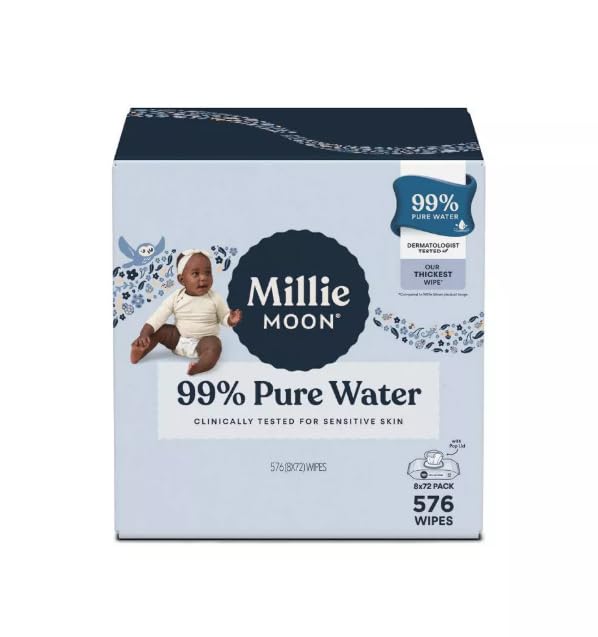 Millie~Moon 99% Pure Water Luxury Baby Wipe, 576 Count (8 * 72 Pack)