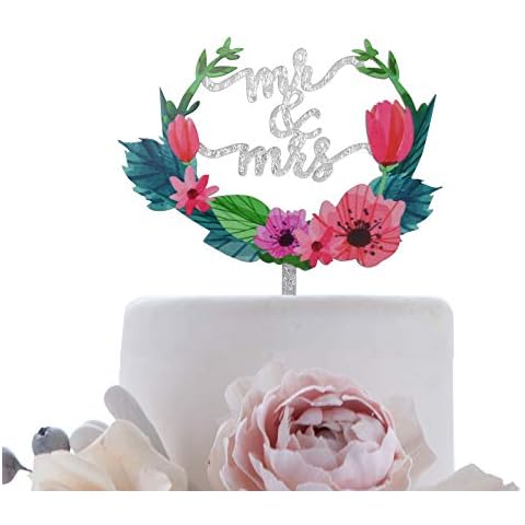 Mr & Mrs Floral Cake Topper for Wedding Party Decorations, Engagement Party, Bridal Shower Cake Supplies, Leaves and flowers Garland Acrylic Cake toppers (Silver) Cover