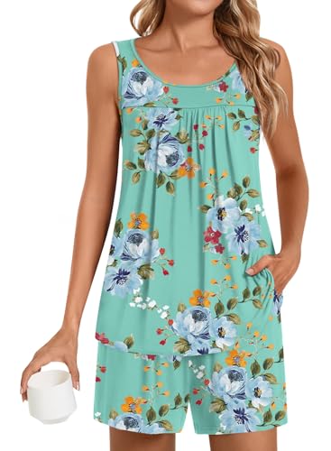 POPYOUNG Plus Size Pajama Set for Women Summer Sleeveless Tank Tops Pjs Sets 2 Piece Lounge Set Comfy Shorts Sleepwear with Pockets XL, Mint Green