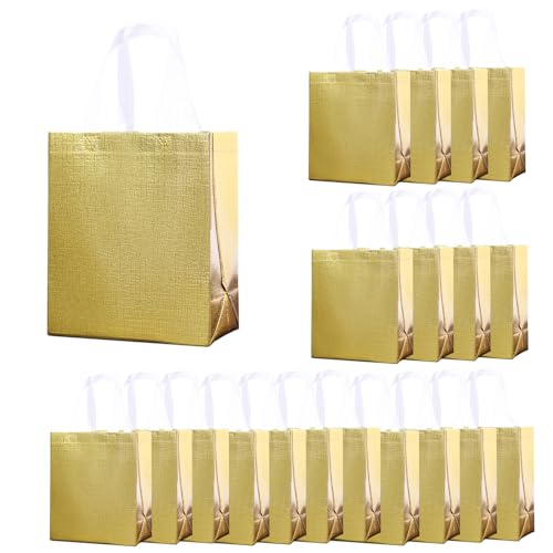 Haokuaile Glossy Gold Gift Bags with Handle 20-Pack Reusable Non-woven Party Favor Bags with Sturdy Base for Birthday Wedding Easter 8.27x9.84x4.72 Inches (Gold X-Small)