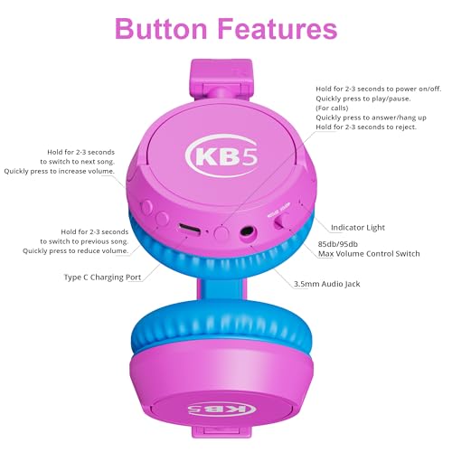 Contixo KB-5 Kids Headphones - Over The Ear Foldable Bluetooth Wireless Headphone for Kids - 85dB with Volume Limited - Toddler Headphones for Boys and Girls (Pink + Blue) by Contixo - Used condition - Image 7