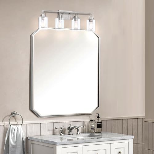 Image of Brushed Nickel 4-Light Bathroom Light Fixture Over Mirror Sink, 4-Light Bathroom Vanity Lights Brushed Nickel Vanity Wall Sconce for Mirror