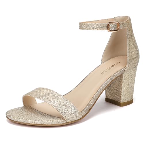 DOBOLIN Wide Width Heels for Women Dress Shoes Heeled Sandals 2.5-Inch Low Block Chunky Ankle Strap Strappy Open Toe Pumps Dressy Wedding Bridal Gold Glitter Size 10W