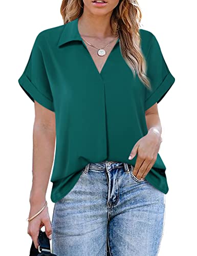 Gaharu Women Shirt Work Vintage V Neck Polo Blouses Chiffon Short Sleeve Office Tops Summer Tunics Blouses Dark Cyan,L #TOP2