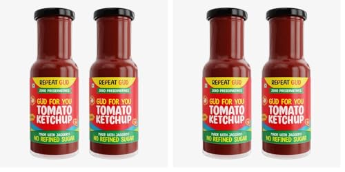 Image of REPEAT GUD Healthy Tomato Ketchup For Kids | No Refined Sugar, Made With Jaggery | 100% Natural Ingredients | No Chemical | No Preservatives | No MSG | No GMO | No Cornstarch | 100 % Vegetarian | 225 gm (Pack of 4)