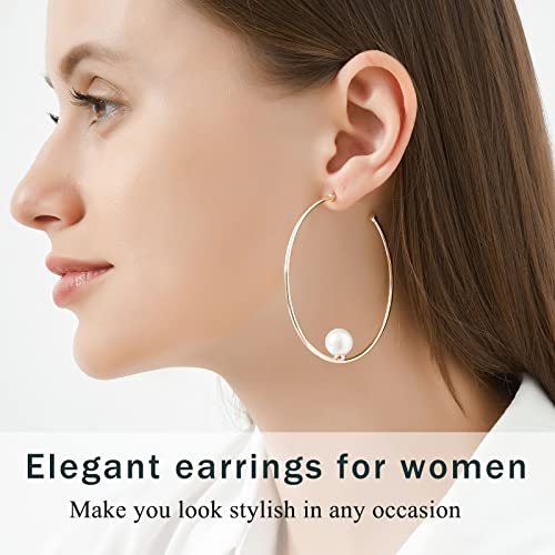 Huongwin Hoop Earrings For Woman 14K Gold Girls Fashion Pearl Chunky Statement Thick Dangle Jewelry Gifts Gold 50Mm #TOP1