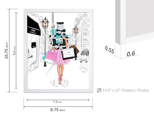 Image of Poster Master Fashion Poster - Lady with Shopping Bags Print - Trendy Art - Modern Art - Gift for Her & Fashionista - Luxury Haute Couture Decor for Bedroom or Girl's Room, 8x10 White Framed