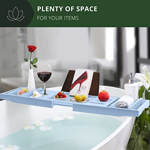 ROYAL CRAFT WOOD Luxury Bathtub Caddy Tray, One or Two Person Bath and Bed Tray, Bonus Free Soap Holder (Blue)