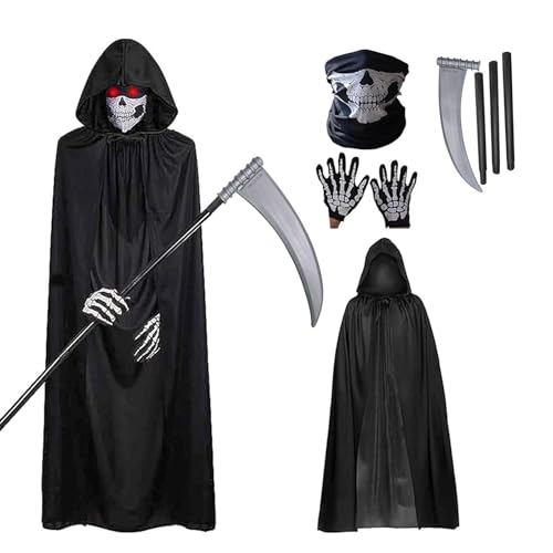 GUOYOU 4 Piezas Disfraz Halloween Hombre Adulto Disfraz de Halloween Fantasma con máscara de Calavera Guantes Guadaña Largo Capa con Capucha para Halloweens Fiesta Carnival Costume Cosplay (niño)