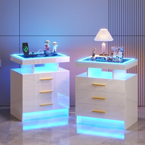 Image of HNEBC Night Stand Set 2 with LED Lights, High Gloss Nightstand with 3 Drawers,Wireless&USB&Type-C Charging Station,Smart Side Tables with Tempered Glass Top for Bedroom,Living Room,Office-White
