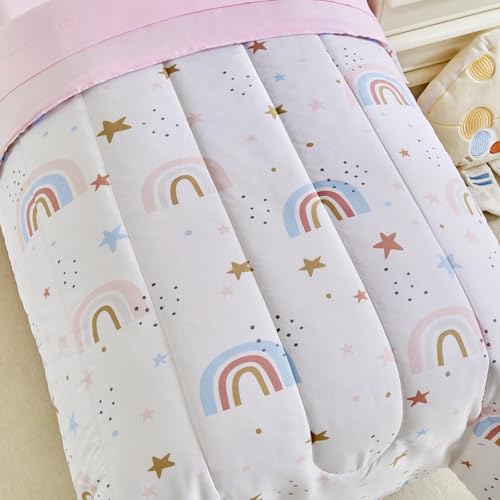 Image of Rainbow Toddler Bedding Set for Girls Light Pink Stars Dots 4PC Toddler Bed Set - Soft Blue Pink Rainbow Cute Princess Toddler Bed in a Bag with Pink Sheet Set and Pillow Shams