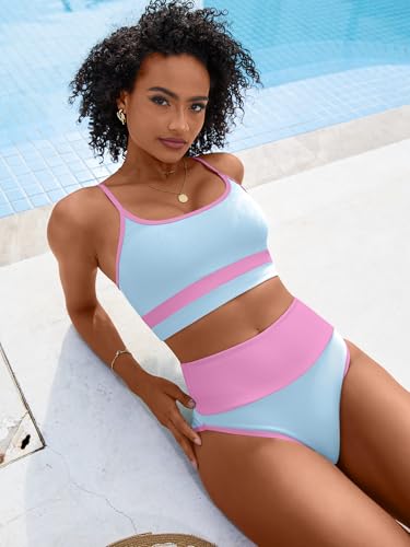 Image of ANRABESS Women's High Waisted Bikini Sets,Color Block 2 Piece Swimsuits,Tummy Control Bathing Suits,Thick Ribbed Beach Wear