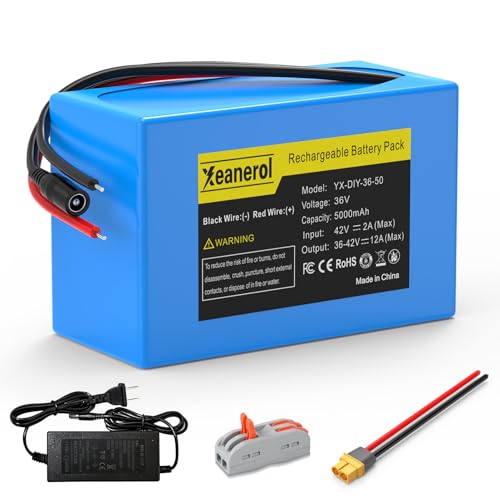 Xeanerol 36V 5000mAh Lithium Battery with Charger Rechargeable Battery Pack Compatible with 36 Volt Devices RC Car LED Light Strip DIY CCTV Camera Robot Boat