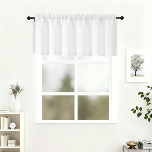 Lecloud White Valance for Window 20 Inch Length, Privacy Light Filtering Elegant Kitchen Curtains Over Sink, Breathable Rustic Small Drapes with Rod Pockets for Bathroom Cafe, 60" W x 20" L 1 Panel