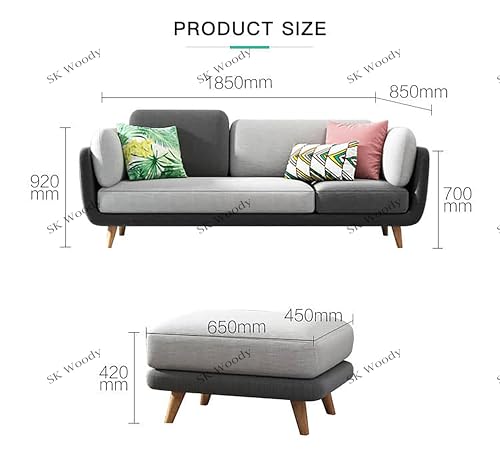 Image of Black Wood Modern Luxury Velvet Fabric 3 Seater Sofa with Ottoman Pouffe in Bug Resistant Solid Wood for Bedroom, Living Room, Dining Room (Dark Grey & Beige, 3 Seater, Sofa with Pouffe)