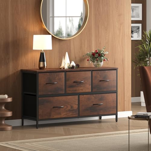 Image of OLIXIS 5 Drawer Dresser for Bedroom, Closet Chest Organizer Furniture, TV Stand for Living Room Hallway, Wide Fabric Storage Tower with Wooden Top and Metal Frame, Brown