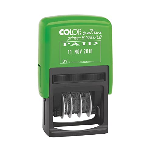 Image of Colop S260/L2 Green Line Text Dater PAID Self-Inking Imprint 45x24mm Blue/Red Ref 15560250