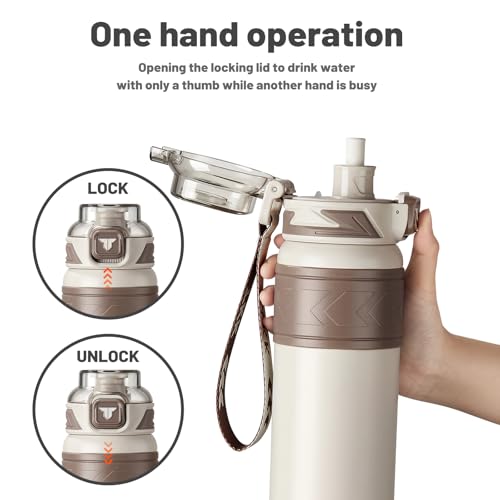 TKK 24 oz Insulated Water Bottle with Straw, Leak Proof Stainless Steel Double Wall Vacuum Bottles with Strap, Reusable Metal Sports Water Bottle for Hot & Cold Drinks, Dishwasher Safe, Khaki by TKK - Image 2