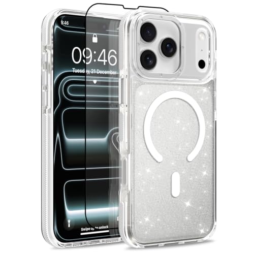 Image of Magnetic Case for iPhone 17 Pro [Compatible with Magsafe] [Bling Glitter Fluorescent Design] [1 Screen Protector] Slim Translucent Matte Case for iPhone 17 Pro 6.3 inch 2025, White