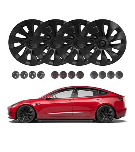 PM Auto Set of 4 Wheel Covers Cyclone Wrap Hubcaps Matte Black Compatible with 2017-2023 Tesla 3 18 inch Except Highland