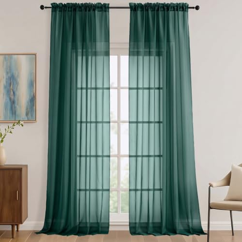 Image of Sheer Hunter Green Curtains 108 Inches Long 2 Panels Set, 59 Inch Extra Wide Lightweight Airy Hunter Green Sheer Curtain for Living Room Bedroom, Filmy Voile Rod Pocket, 59Wx108L Inches