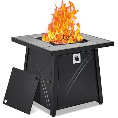28 Inch Propane Fire Pit, CSA-Listed Outdoor Gas Fire Pit, 50,000 BTU Steel Fire Table with Lid and Lava Rock, Gas Fire Pits for Patio, Stainless Steel Burner Head for Warmth Ambiance Black