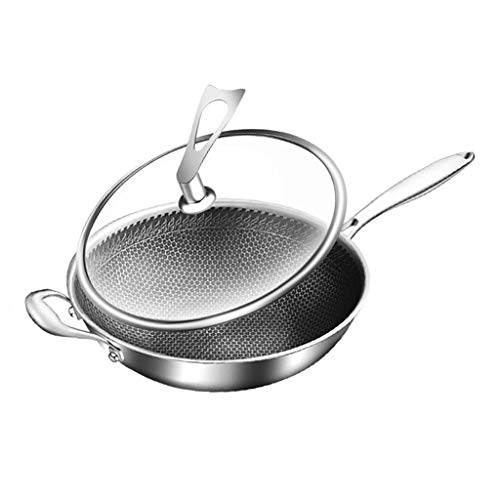 SH-chaoguo Fry Wok/Frying Pan/ 304 Stainless Steel Uncoated Non-Stick Pan/Cooking Pan with Lid (32/34 Cm), for Induction Cooker,Gas Stove (Size : 34cm)