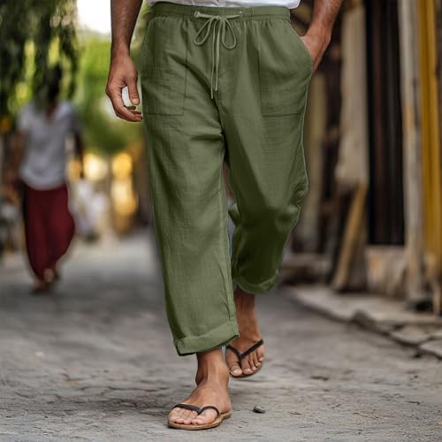 Mens Linen Pants Elastic Drawstring Waist Straight-Legs Loose Fit Casual Summer Yoga Beach Long Cotton Pants4