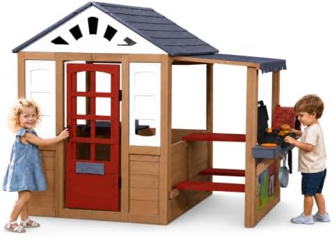 Wooden Kids Playhouse with BBQ Grill Station, Outdoor Cedar Pretend Play House with Pizza Oven, Sink & Doorbell, Indoor Outdoor Backyard Role Play Cottage for Kids Ages 3-8 (Brown)