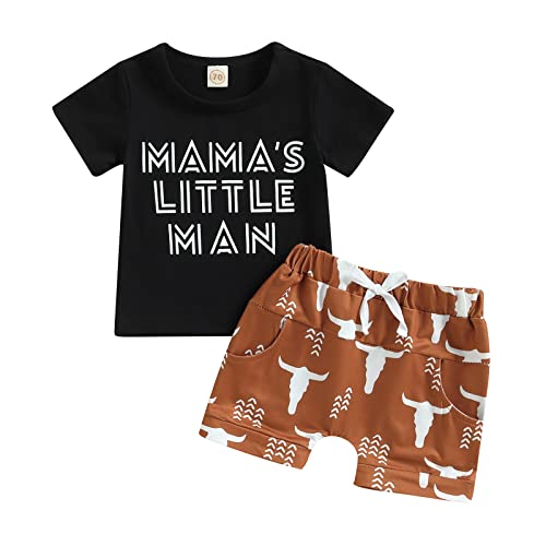 Image of Toddler Baby Boy Summer Outfits Little Boy Letters Short Sleeve T Shirt Tops Western Cowboy Elastic Waist Shorts Set