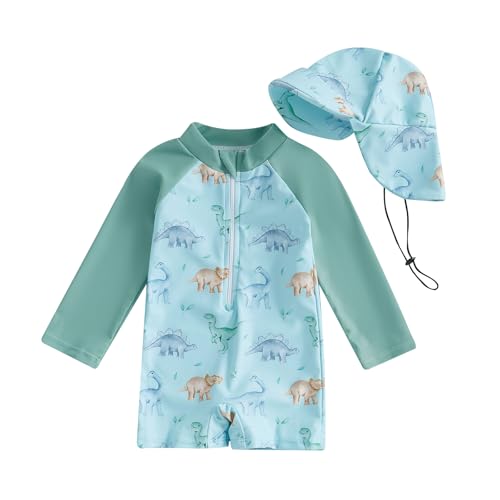 LAGKIYOJ Baby Boys' Swimwear Newborn Swimsuit Boy Casual Zipper One Pieces Rash Guard Swimsuit+Hat Beachwear Bathing Suit (Green, 18-24 Months)