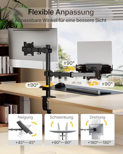 monTEK 2 w 1 uchwyt na monitor z uchwytem na laptopa, stojak na biurko z regulacją wysokości, do monitora do 32" i laptopa 17", maks. 10 kg, zacisk C i mocowanie grommet