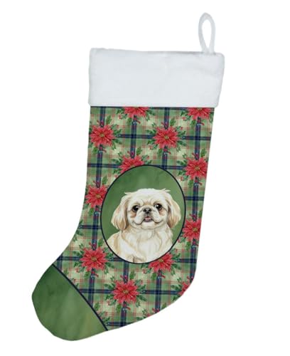 Caroline's Treasures Cream Pekingese Christmas Poinsettas Holiday Stocking Double-Sided Print, Polyester Suede,11x18, Made in USA