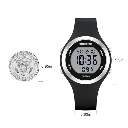 GOLDEN HOUR Reloj Digital Mujer, Resistente al Agua hasta 5 ATM, Deportivo, cronógrafo, Correa de Silicona, Reloj de Pulsera para Mujer con Fecha, Esfera Luminosa de fácil Lectura - Negro Plateado - imagen 5