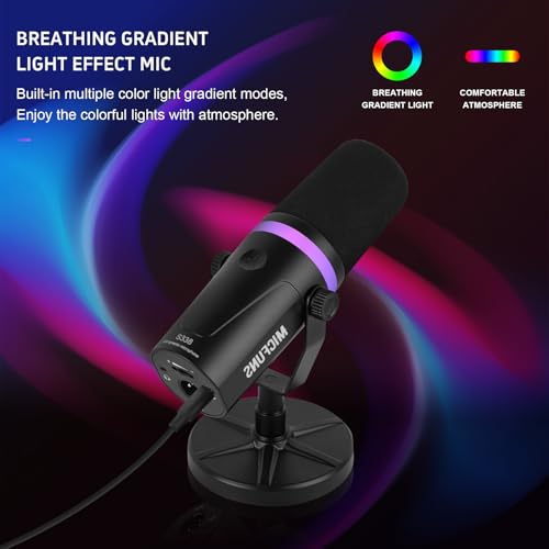 Image of Micufuns Vocal Dynamic Microphone, XLR /USB Podcast Recording PC Microphone,Studio Metal Mic with Mute, Headphone Jack, Monitoring Volume Control,with RGB Microphone Boom arm (M338-C)