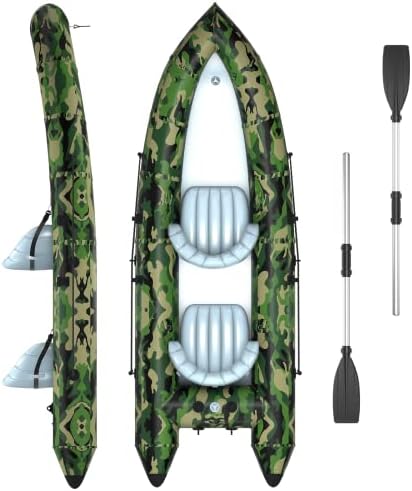 QILEBA Inflatable Boat for Adults, 2 Person Inflatable Touring Kayak, 9.8FT Portable Camouflage Fishing Kayak Raft with Paddles Air Pump Carry Bag