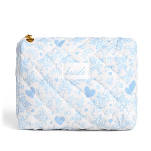 xo Fetti Bride Cosmetic Bag - Quilted Something Blue | Bachelorette Gift Bridal Shower Toiletry Travel Makeup Bag