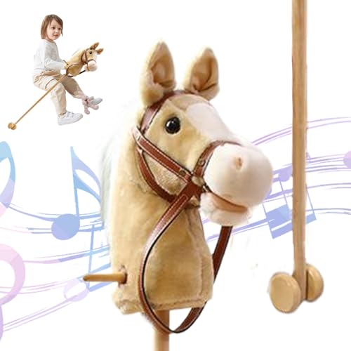Caballo de palo con efectos de sonido realistas Felpa 39 Alto Caballo de pasatiempo de Halloween con ruedas y poste de madera Mango antideslizante Juguete para montar para regalos de niños (marró.