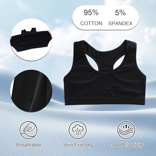 FUIPVGI 4 Stück Mädchen Sport BH Bustier Baumwolle, Ohne Bügel Bralette Bustier Mädchen, Trainings-BH für Mädchens 8-14 Jahre Cami Crop Top Sport BH (Schwarz)