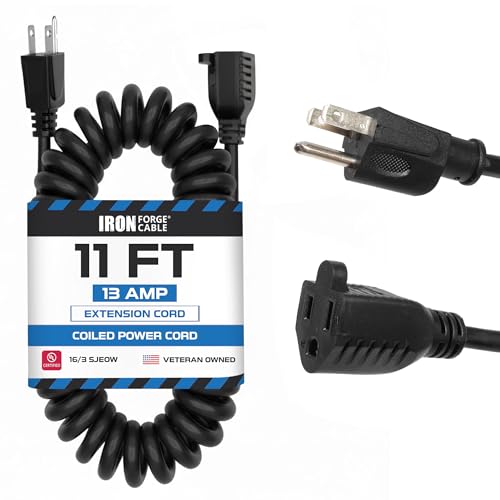 Iron Forge Cable SJEOW Black Outdoor Coiled Extension Cord 11 ft, 16/3, 13 Amp Oil Resistant & Flame...