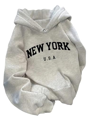 GORGLITTER Womens Letter Graphic Hoodies Drawstring Long Sleeve Sweatshirt Pullover Light Grey Small