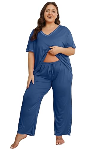 Image of Vozanet Women's Plus Size Pajama Sets Short Sleeve Long Pants Solid Color with Piping Trim Elegant Loungewear Cozy Sleepwear
