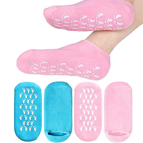 2 Pairs Moisturizing Gel Socks for Repairing and Softening Dry Cracked Feet Skins - Soft Spa Socks (Blue & Pink)