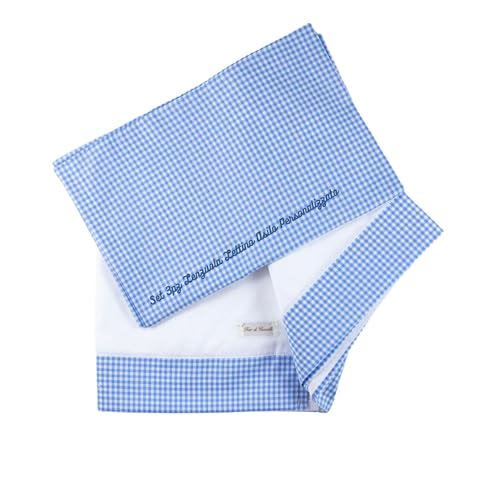 Coccole - Set 3pz Lenzuolo Lettino Asilo Bianco/Azzurro - Lenzuolo, Federa e Copribrandina Personalizzati - Personalizzabile Con Nome Asilo in Pelle Ovo