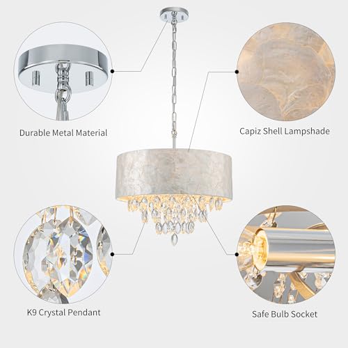 Pine Flicker 4-Light Drum Capiz Shell K9 Crystal Chandelier, Coastal Style Pendant Light Fixture for Dining Room, Living Room, D17.7 x H21~68 inch (Adjustable), Clear Crystal & Chrome Finish by Pine Flicker - Image 4